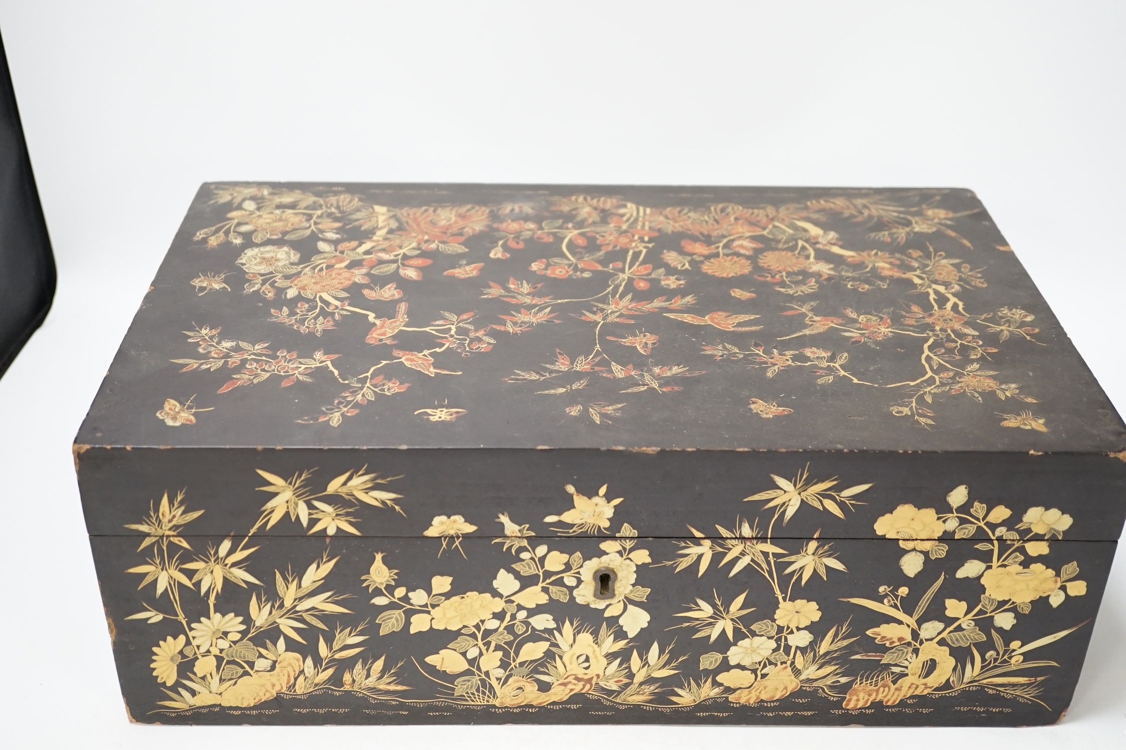 A mid 19th century Chinese Export lacquer writing box, 42cm wide. Condition- fair, some chipping